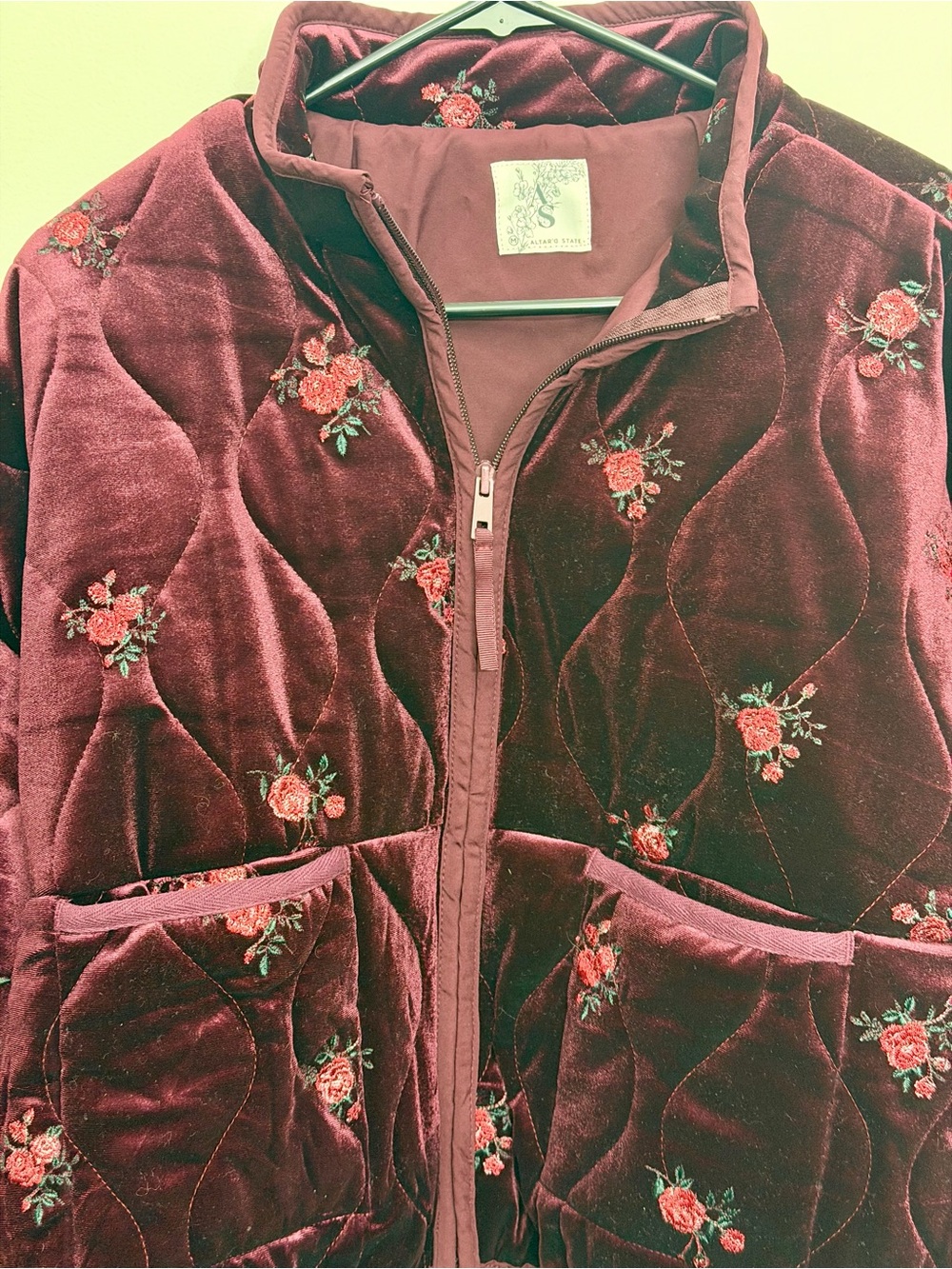 Altar'd State Freya Velvet Burgundy Quilted Jacket with Rose Floral Embroidery - Picture 3 of 6